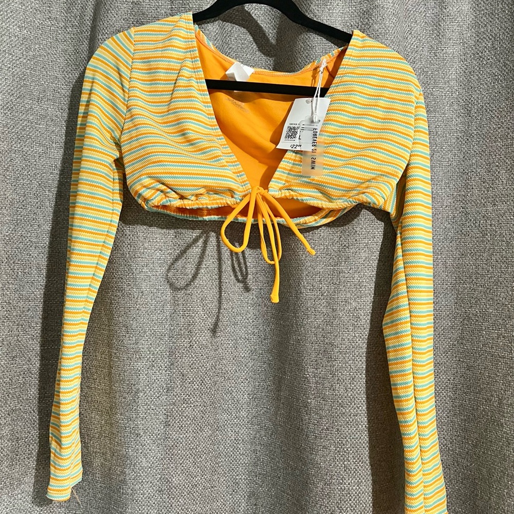 Forever 21 Yellow and White Long Sleeve Swim Top